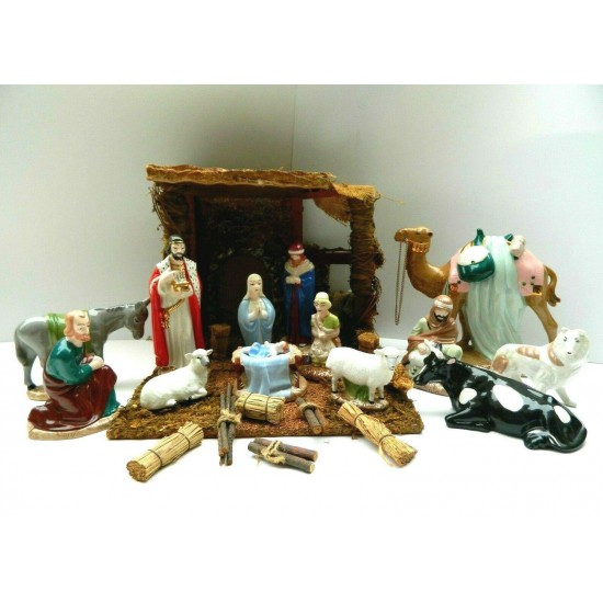 Vintage 1960's HOLLAND MOLD 26 Pc Glazed Christmas Nativity Set w/Wooden Stable