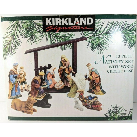 Kirkland Signature 13 pc piece Porcelain Nativity Set Wood Creche Complete w Box