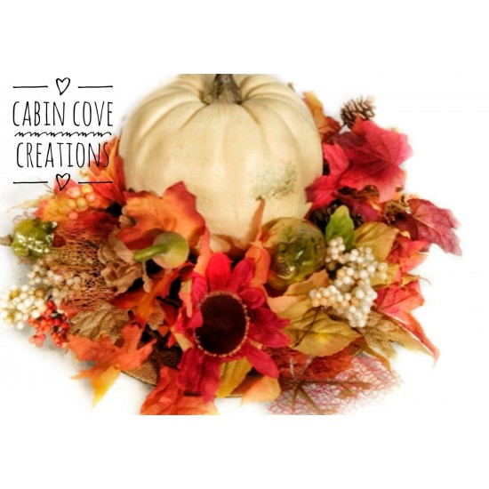 Fall White Pumpkin Floral Arrangement, Fall Dining Centerpiece, Burlap