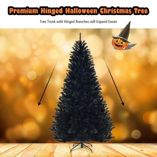 7.5Ft Hinged Artificial Halloween Christmas Tree Full Tree w/ Metal Stand Black