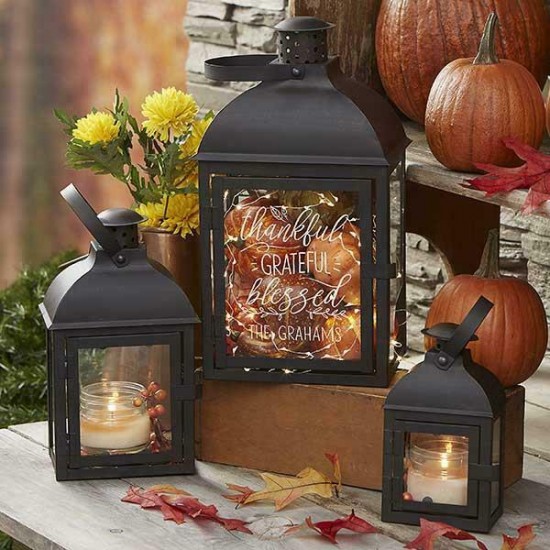 Thanksgiving 3Pc Thankful Grateful Blessed Personalized Lantern Set Metal Glass