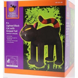 Halloween 9 ft Lighted Black Cat with Orange Stripe Tail Airblown Inflatable NIB