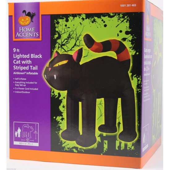 Halloween 9 ft Lighted Black Cat with Orange Stripe Tail Airblown Inflatable NIB