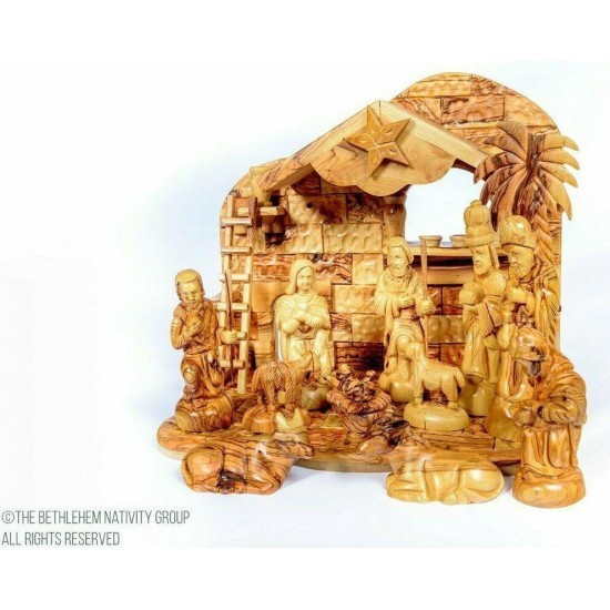 12 Pieces individually Hand Crafted Olive Wood Musical Nativity Set + Free Camel