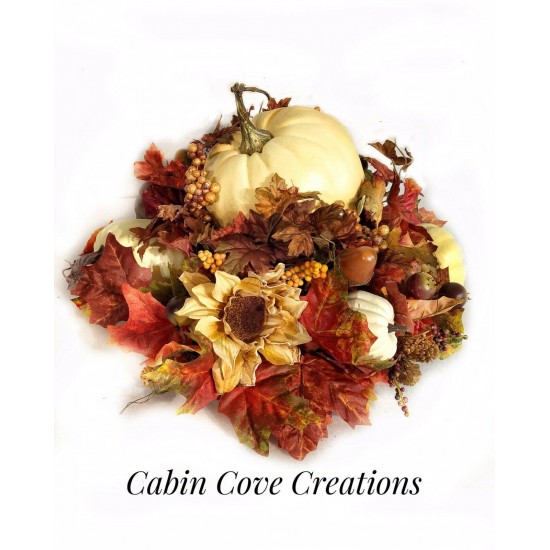 Creamy White Pumpkin Floral Arrangement Rustic Round Autumn Centerpiece