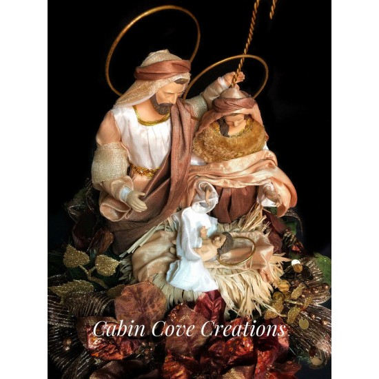 Holy Family Nativity with fabric robes, Nativity Christmas Centerpiece