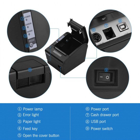 HOIN 80mm USB Thermal Receipt ESC/POS Printer Cash Drawer Port Auto Cutter H9M3