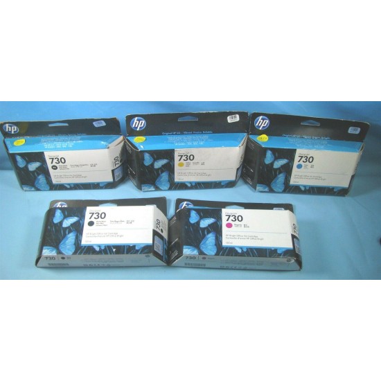 5 -GENUINE HP 730 INK CARTRIDGES- MATTE BLACK YELLOW CYAN MAGENTA PHOTO BLACK