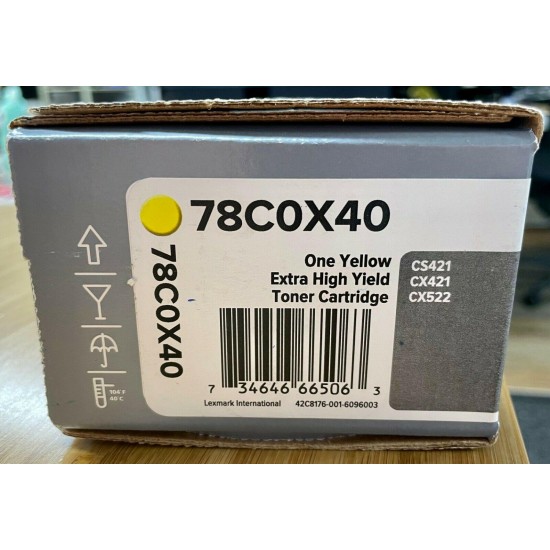 New Lexmark 78C0X40 Yellow Extra High Yield Toner Cartridge CS421 CX421 CX522