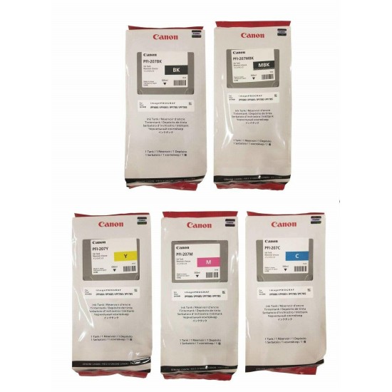 Canon PFI-207 Lot of 5 Ink Cartridges IPF680 IPF685 IPF780 IPF785 Complete Set