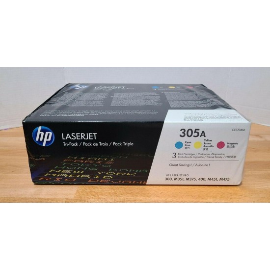 New! Genuine HP 305A CF370AM Toner Cartridges - Tri-Pack: Cyan, Magenta, Yellow