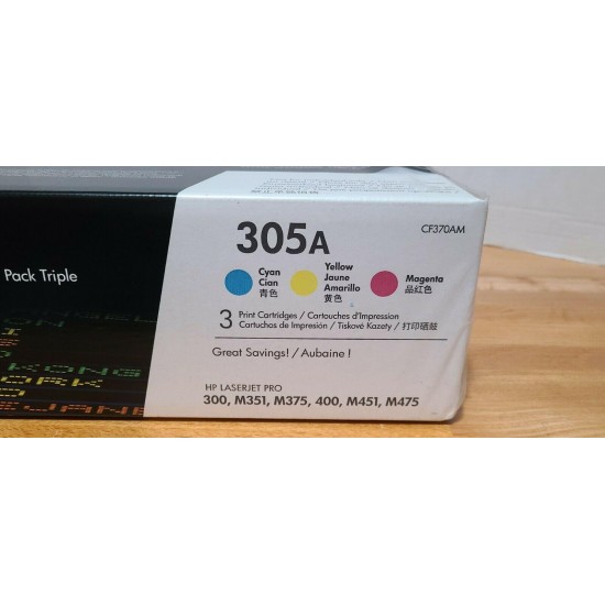 New! Genuine HP 305A CF370AM Toner Cartridges - Tri-Pack: Cyan, Magenta, Yellow