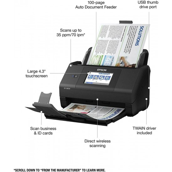 Epson Workforce ES-580W Wireless Color Duplex Desktop Document Scanner for PC an