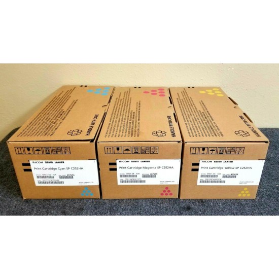 GENUINE OEM RICOH SP C252HA 407654 407655 407656 CMY TONER CTGS, FACTORY SEALED