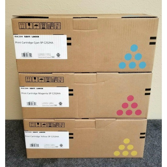 GENUINE OEM RICOH SP C252HA 407654 407655 407656 CMY TONER CTGS, FACTORY SEALED