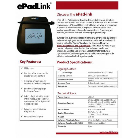 ePadLink ePad-ink VP9805 Electronic Signature Capture Pad with USB + LCD,  New!