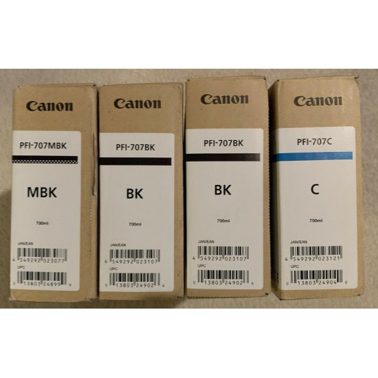 LOT of 4 OEM Canon PFI-707BK, 707MBK, 707C, Inks, NEW, for iPF830/840/850